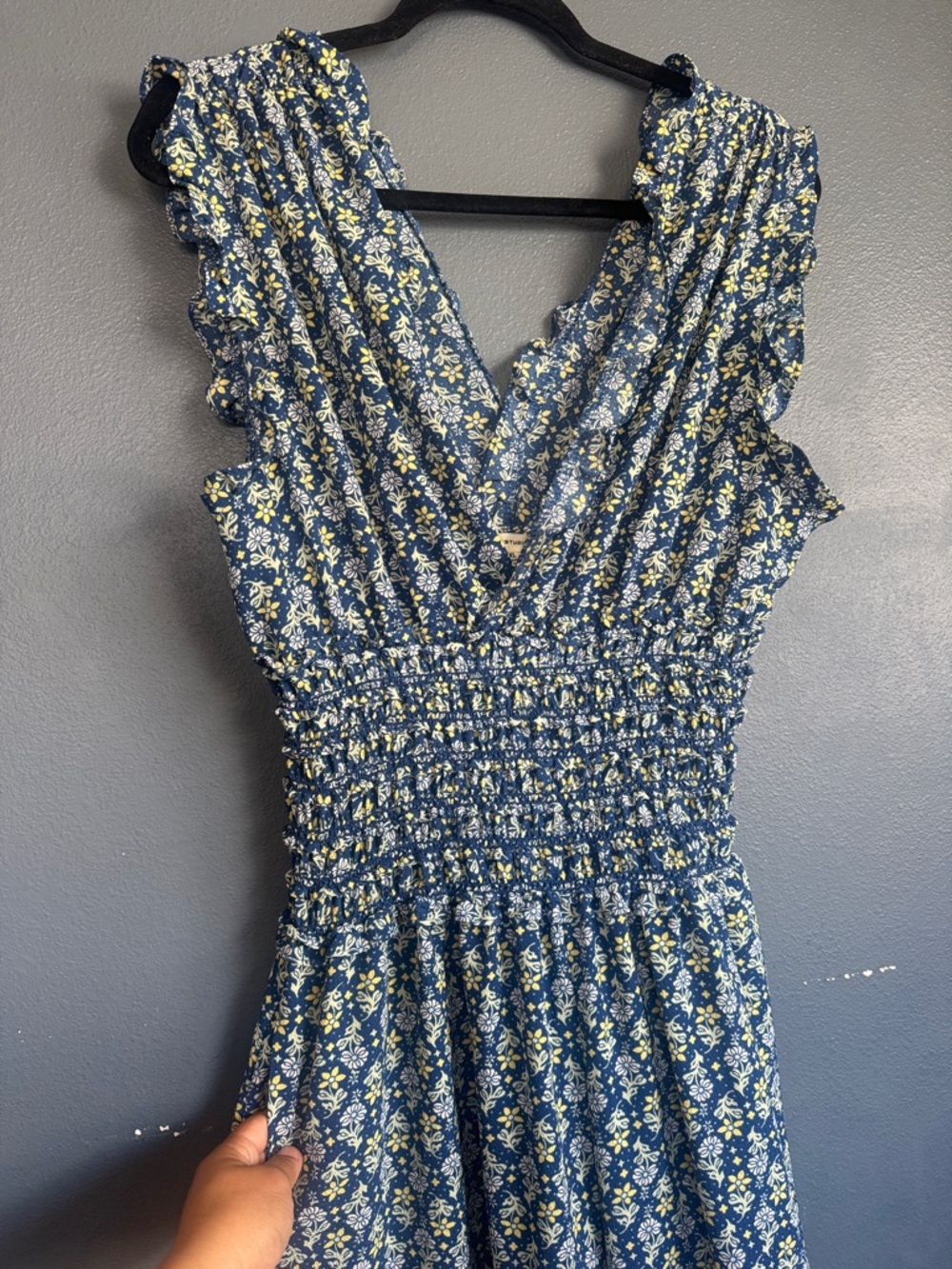 Max Studio Blue Floral Smocked-Waist Jumpsuit - Picture 3 of 9